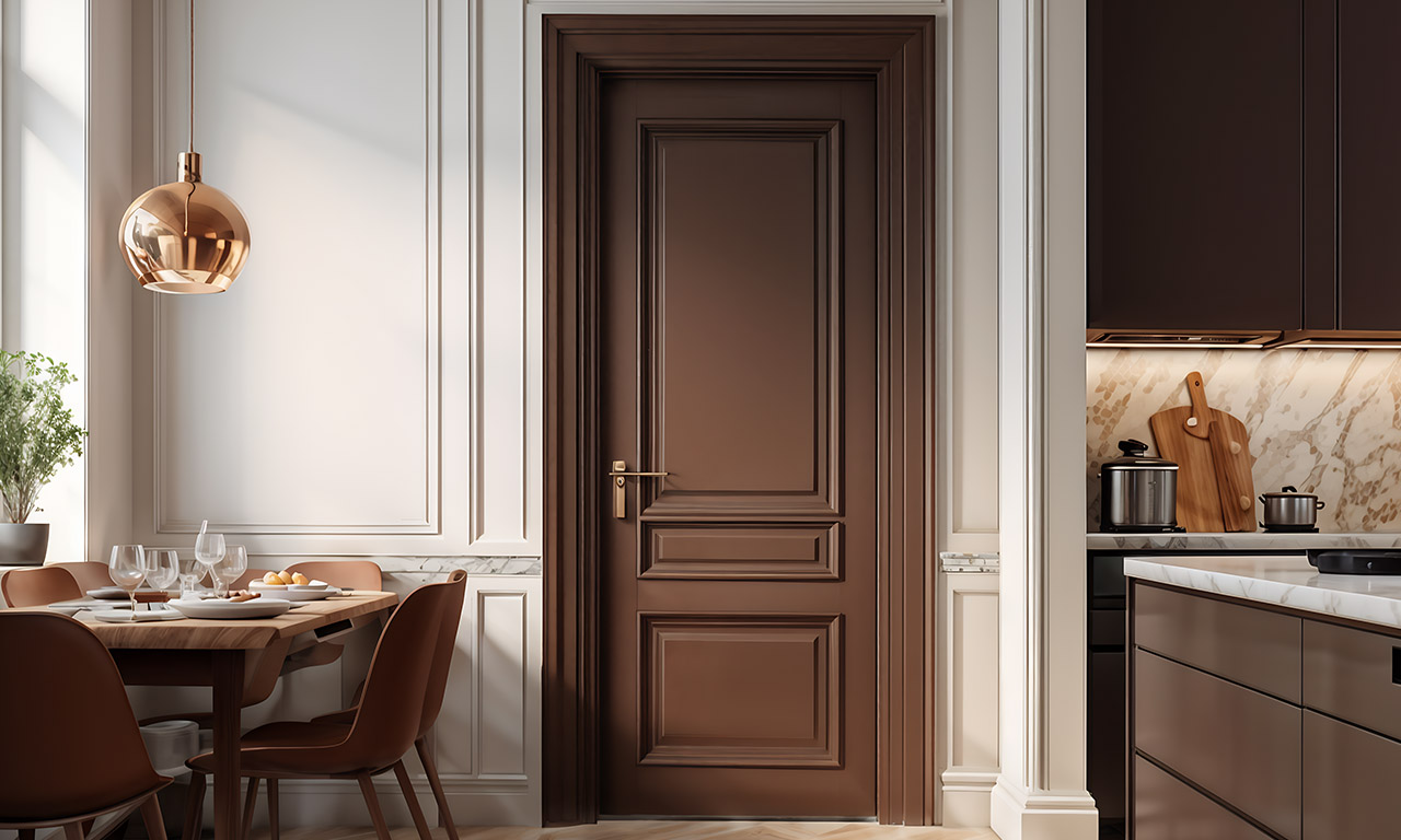 Межкомнатная дверь коричневого цвета на кухне